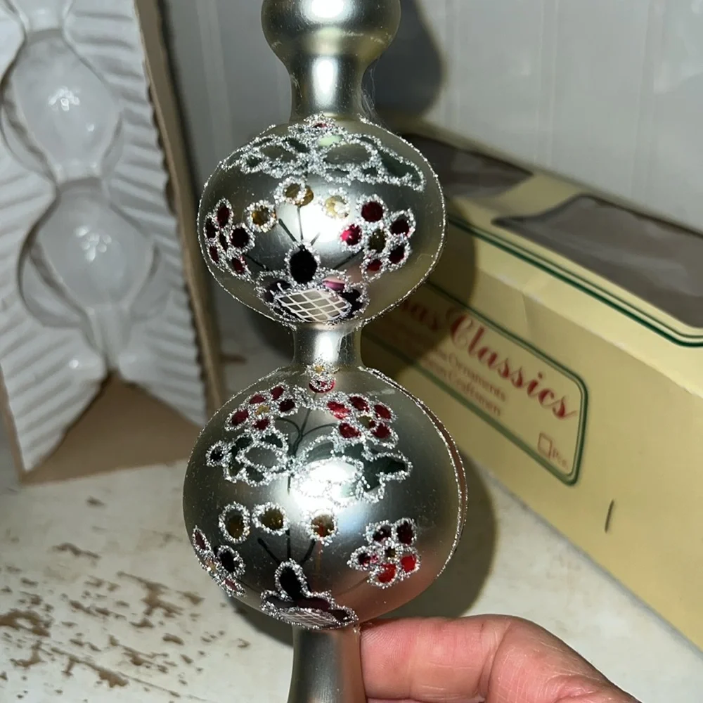 Vintage Mercury Glass hand decorated Christmas Tree topper 13”